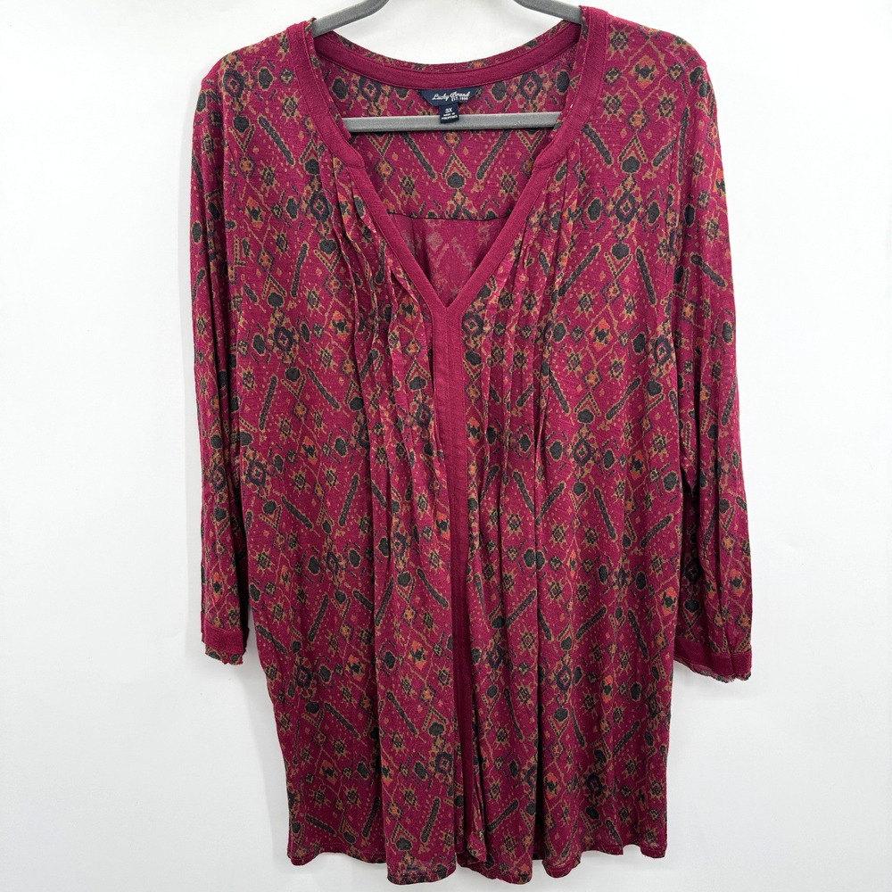 Lucky Brand Boho Aztec Print V-Neck Top Sz 3X Red Multi Rayon Casual Office